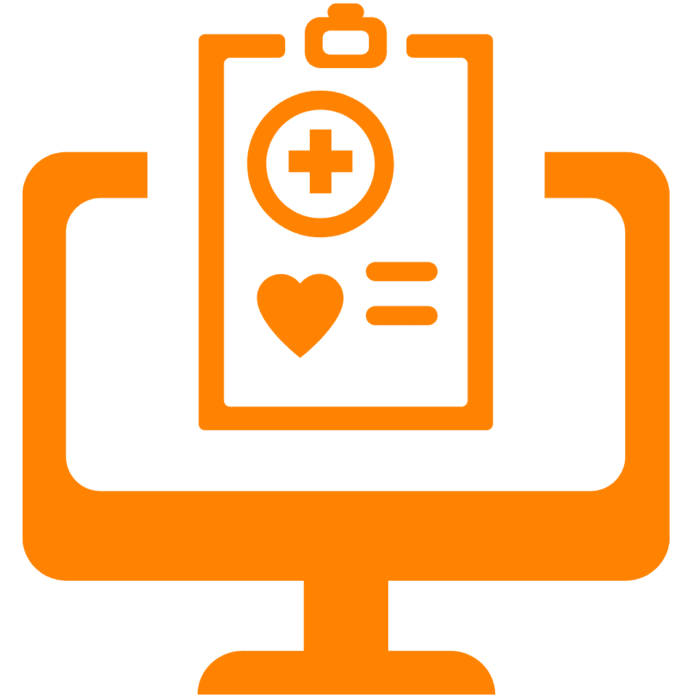 Orange icon of a computer with a medical clipboard